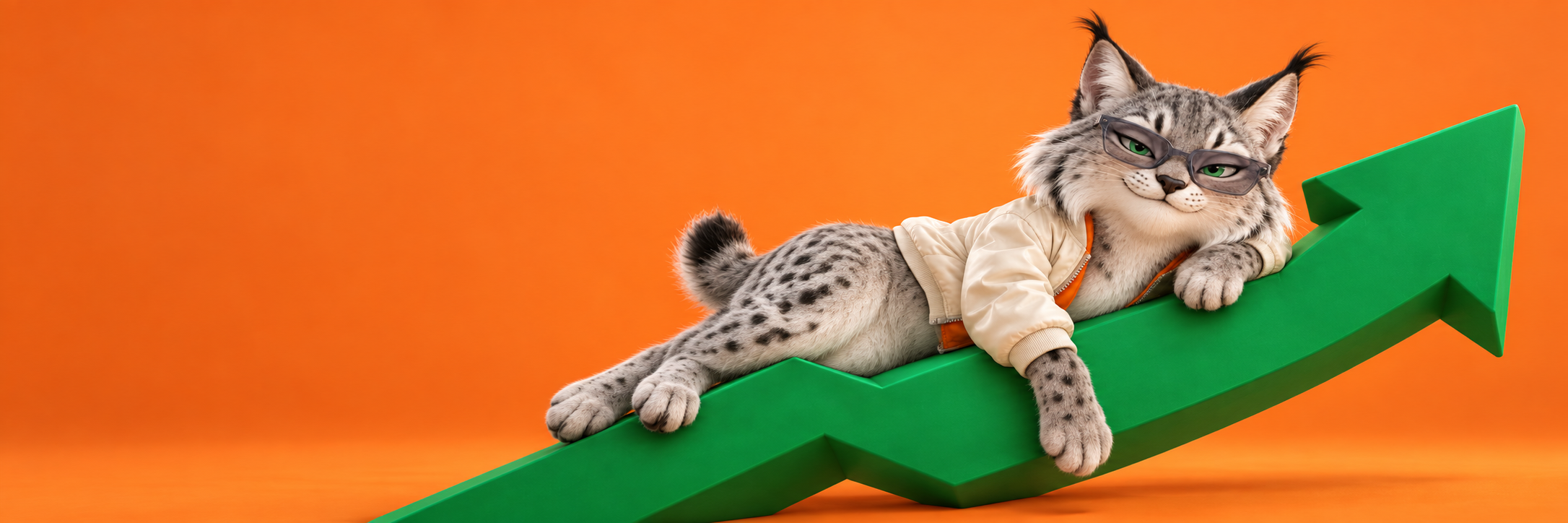 The same lynx lounges along a green stock arrow, one paw hanging down, with his entire body and short tail visible.