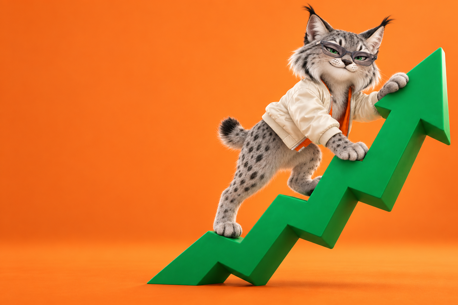 A silver-gray lynx in glasses and an ivory bomber jacket climbs a green stock arrow.